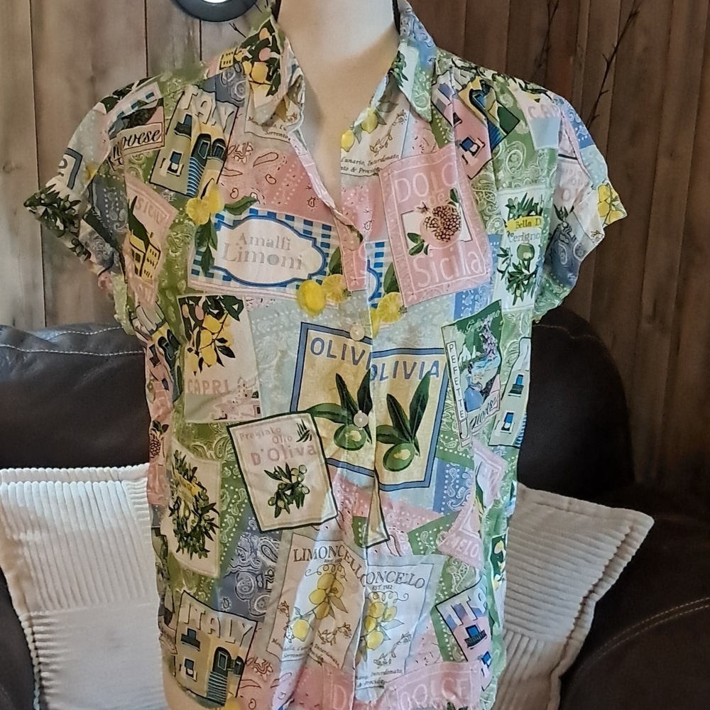 Jane and Delancey Frech Graphic Button Down Shirt Vacation Resort Cruise Euro